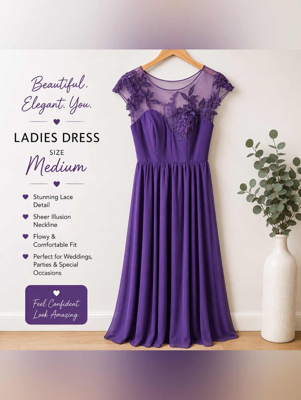 Elegant Purple Lace Illusion Maxi Dress - Medium